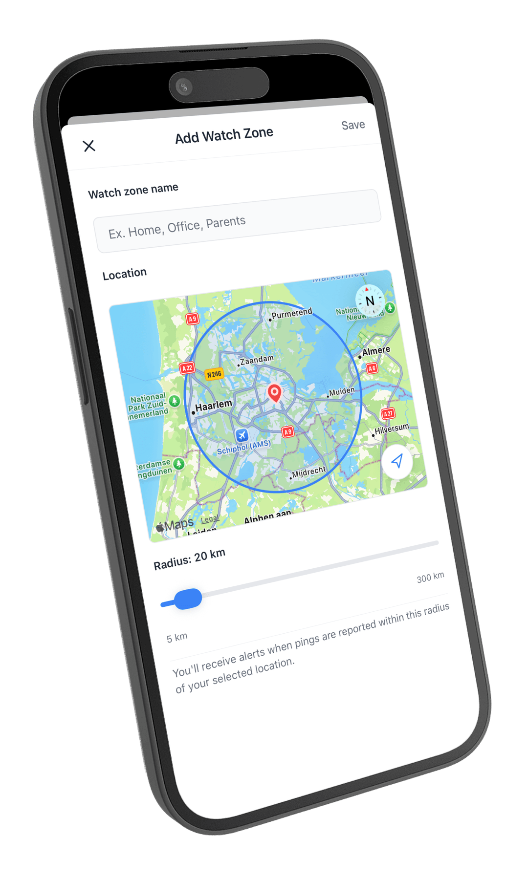 The PINGeo iOS app showing the Watch Zone creation screen on an iPhone.